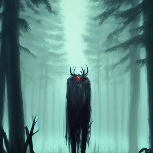 Prompt: A scary wendigo creature standing behind a man in a dark forest, eerie, scary, horror, digital art, artstation, WLOP, Mandy Jurgens
