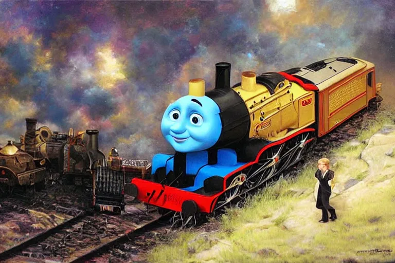 Image similar to elton john playing a piano on top of thomas the tank engine, an oil painting by ross tran and thomas kincade