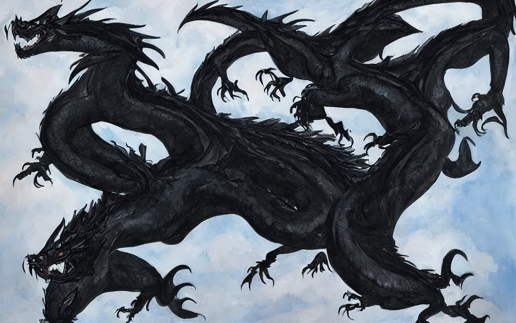 Prompt: “a painting of a singular large black dragon in flight”