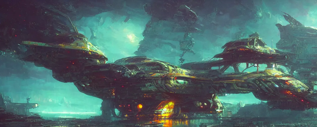 Image similar to ” derelict spaceship, [ cinematic, detailed, epic, widescreen, opening, establishing, mattepainting, photorealistic, realistic textures, octane render, art by paul lehr ] ”