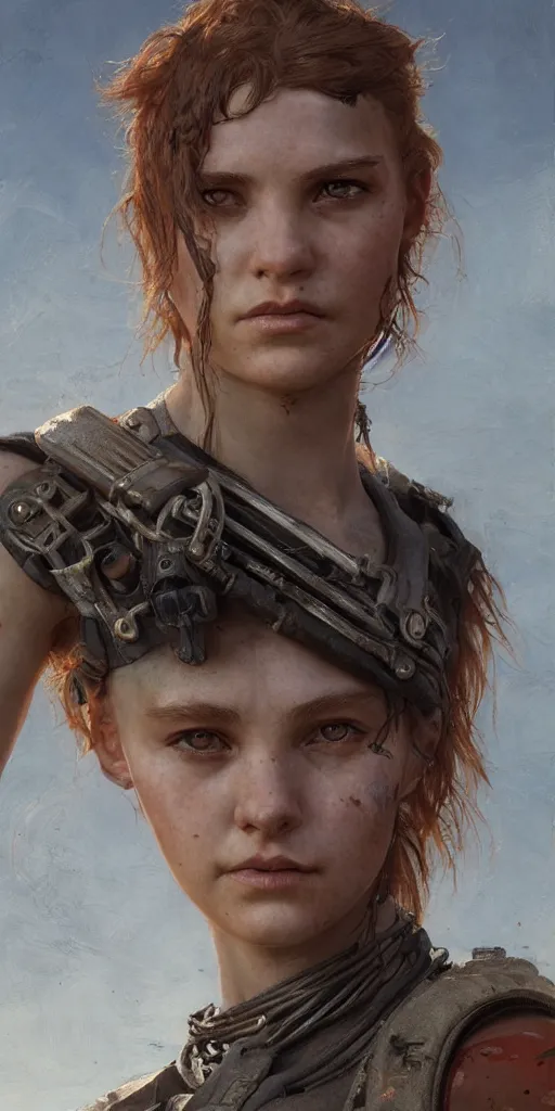 Image similar to mad max, beautiful young girl masterpiece by Edgar Maxence and Ross Tran and Michael Whelan, 8k, octane render