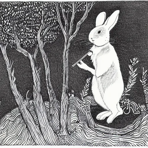 Image similar to precisely drawn, fine detailed, intense line work, drawing of a white bunny smoking a big cigarette in the deep tangled forest, by edward gorey, black ink on white paper