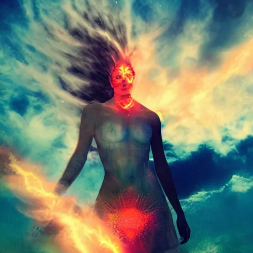 Prompt: a goddess, sci - fi aesthetics, on fire, photoshop, colossal, creative and cool, giant, digital art, photo manipulation, planets, earth, outer space, smoke, destruction