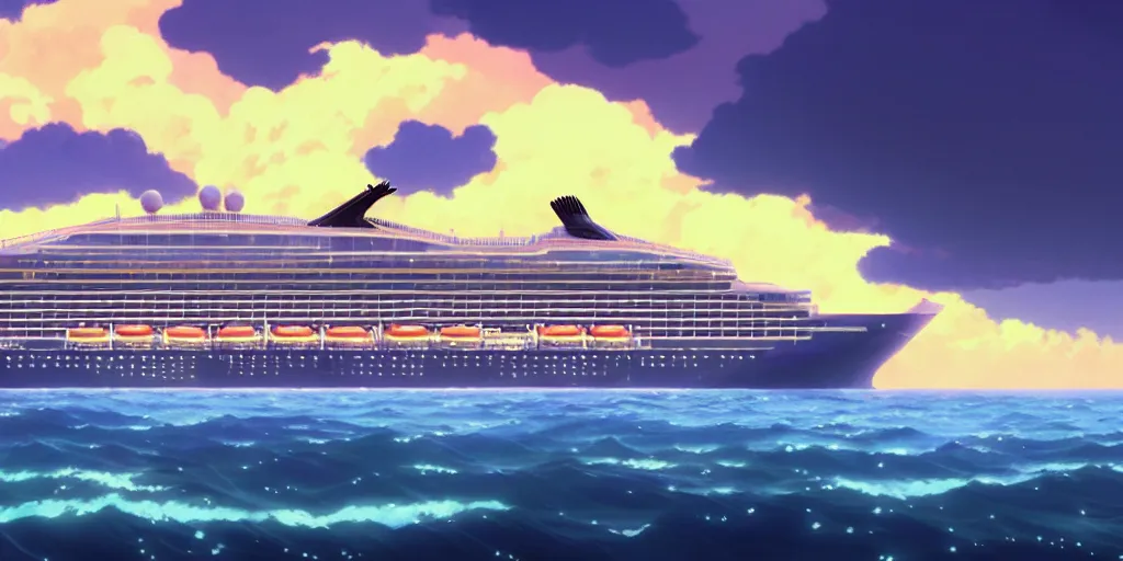 Prompt: a wholesome animation key shot of massive cruise ship by studio ghibli, animation, sharp, rendered in unreal engine 5, focused, anime key art by greg rutkowski, donato giancola, bloom, dramatic lighting