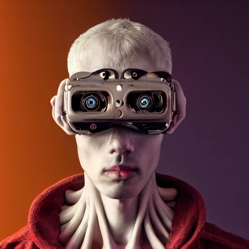 Image similar to Colour Caravaggio and style full body portrait Photography of Highly detailed Man with 1000 years old perfect face with reflecting glowing skin wearing highly detailed sci-fi VR headset designed by Josan Gonzalez. Many details In style of Josan Gonzalez and Mike Winkelmann and andgreg rutkowski and alphonse muchaand and Caspar David Friedrich and Stephen Hickman and James Gurney and Hiromasa Ogura. Rendered in Blender and Octane Render volumetric natural light