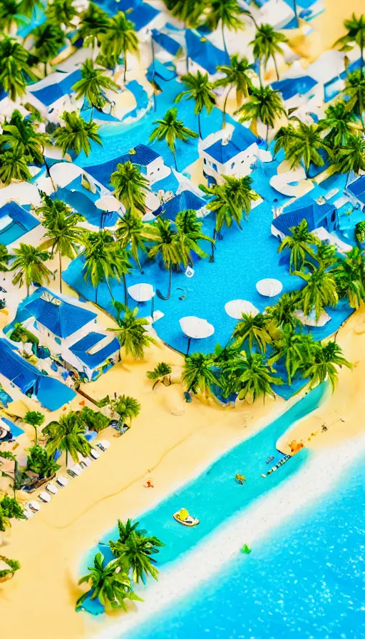 Image similar to beautiful beachside village, palm trees, blue water, isometric view, tilt shift, highly detailed