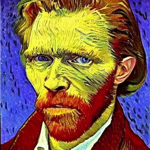 Prompt: willem dafoe as vincent van gogh, self portrait oil painting