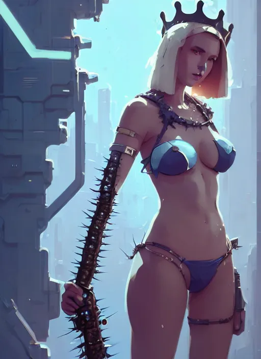 Image similar to portrait of cute maiden girl with crown of thorns in cyber bikini armor, warhammer, cyberpunk, by atey ghailan, by greg rutkowski, by greg tocchini, by james gilleard, by joe fenton, by kaethe butcher, dynamic lighting, gradient light blue, brown, blonde cream and white color in scheme, grunge aesthetic