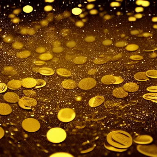 Image similar to Glowing golden coins raining from the sky, elegant digital painting