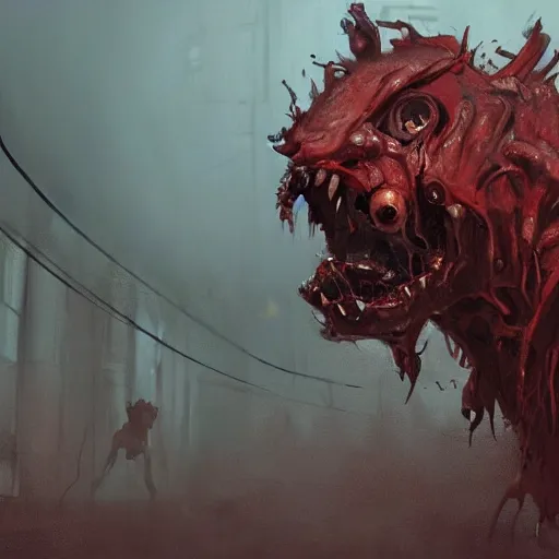 Prompt: concept art by greg rutkowski, dog - shaped monster made of twisted meat and reddish ooze, roaming the colony, looking rabid, in a claustrophobic, futuristic and brutalist environment, frightening and creepy atmosphere, scifi, highly detailed portrait, digital painting, artstation, concept art, smooth, sharp foccus ilustration, artstation hq