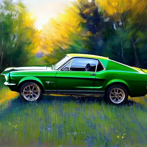 Image similar to green 1967 Ford Mustang GT, Swedish countryside, freedom, dawn, beautiful blonde woman, atmospheric, painting by Vladimir Volegov