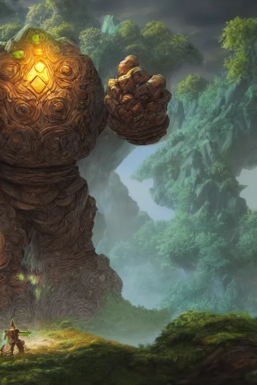 Image similar to zelda fantasy art giant golem troll wood rock greeble gemstone, global illumination ray tracing hdr fanart arstation by sung choi and eric pfeiffer and gabriel garza and casper konefal