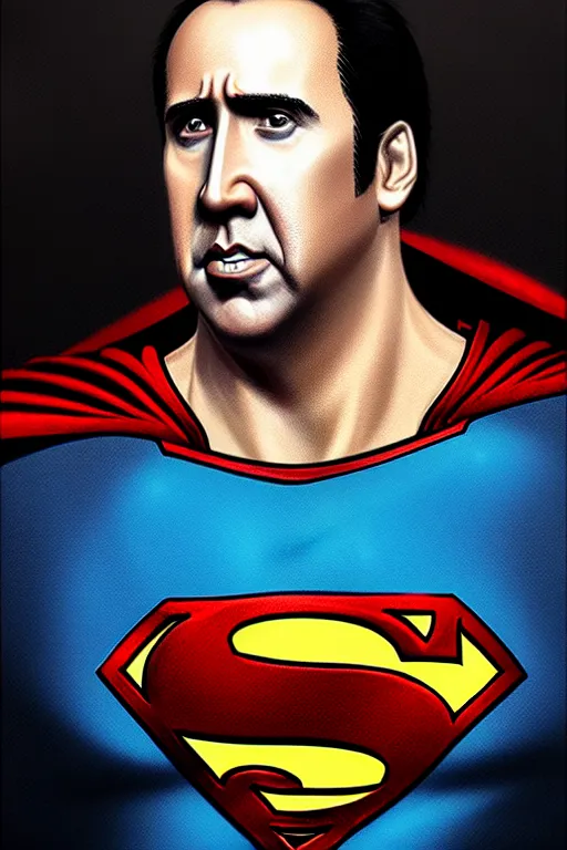 Image similar to portrait of nicolas cage as superman looking away from the camera, intricate, extremely detailed digital painting by greg rutkowski, artstation