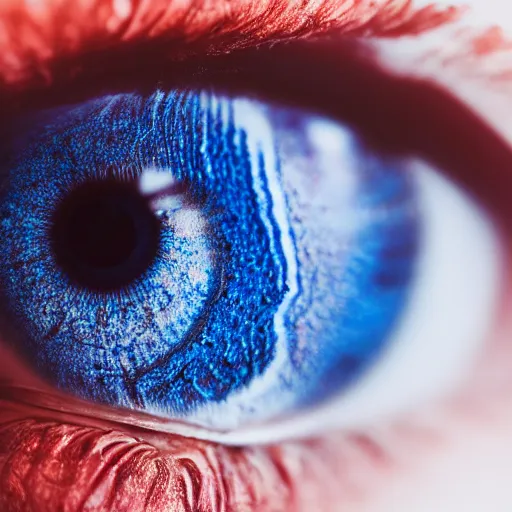 Prompt: Macro Photo of a beautiful woman's eye with a blue very detailed iris, that looks like waves and ripples