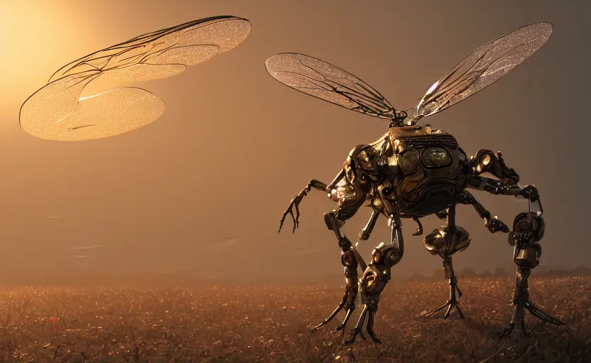 Image similar to insect robot, hyperdetailed, artstation, cgsociety, golden hour 8 k