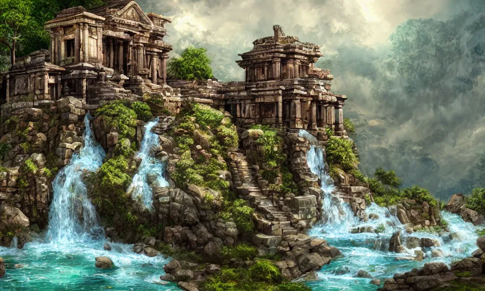 Image similar to ancient temple on top of a waterfall, digital art, concept art, fantasy art, highly detailed, hd wallpaper, hdr, artstation, deviantart, behance