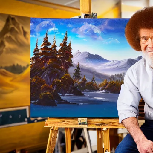 godzilla as bob ross, painting trees on a canvas on an easel - AI