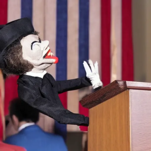 Image similar to mad puppeteer using marionette of a president in a podium