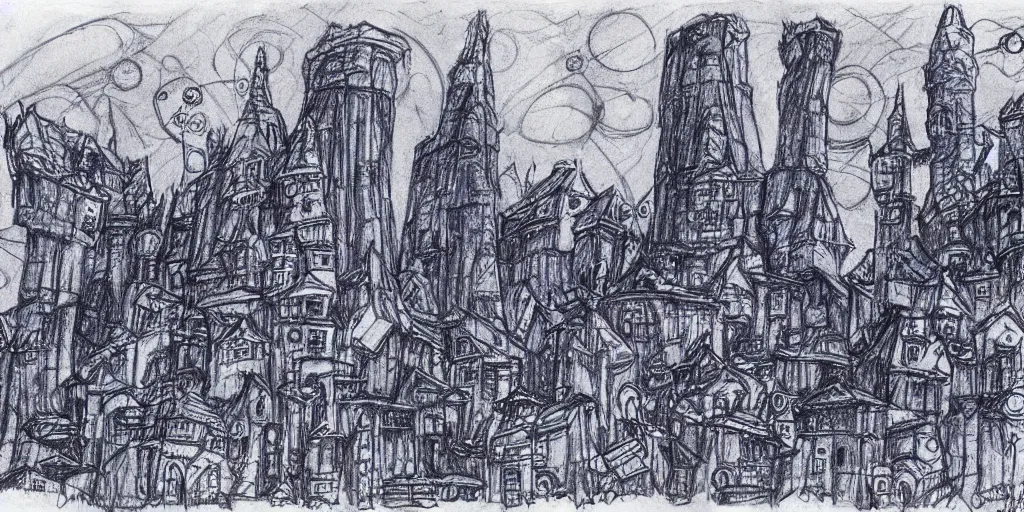 Prompt: Blue ballpoint pen drawing of a concept art of a stone town in orbit around a tower with amazing details by Maurice Sendak.