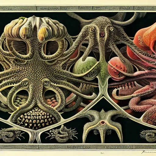 Image similar to hyperrealistic detail atlas of cthulhu creatrues by james audubon ernst haeckel