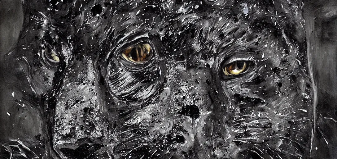 Prompt: a panther, made of tar, in a suburban backyard, sticky, full of tar, covered with tar, dripping tar, dripping tar, splattered tar, sticky tar. concept art, reflections, black goo, animal drawing