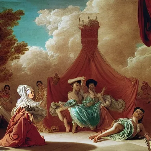 Image similar to saudi arabia in the style and the language of Rococo, reimagining the dynamism of works by eighteenth-century artists such as Giovanni Battista Tiepolo, François Boucher, Nicolas Lancret and Jean-Antoine Watteau through a filter of contemporary cultural references including film, food and consumerism