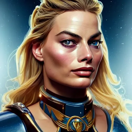 Image similar to Margot Robbie's face combined with Jennifer Anniston's face as a Space Marine, western, D&D, fantasy, intricate, elegant, highly detailed, digital painting, artstation, concept art, matte, sharp focus, illustration, art by Artgerm and Greg Rutkowski and Alphonse Mucha