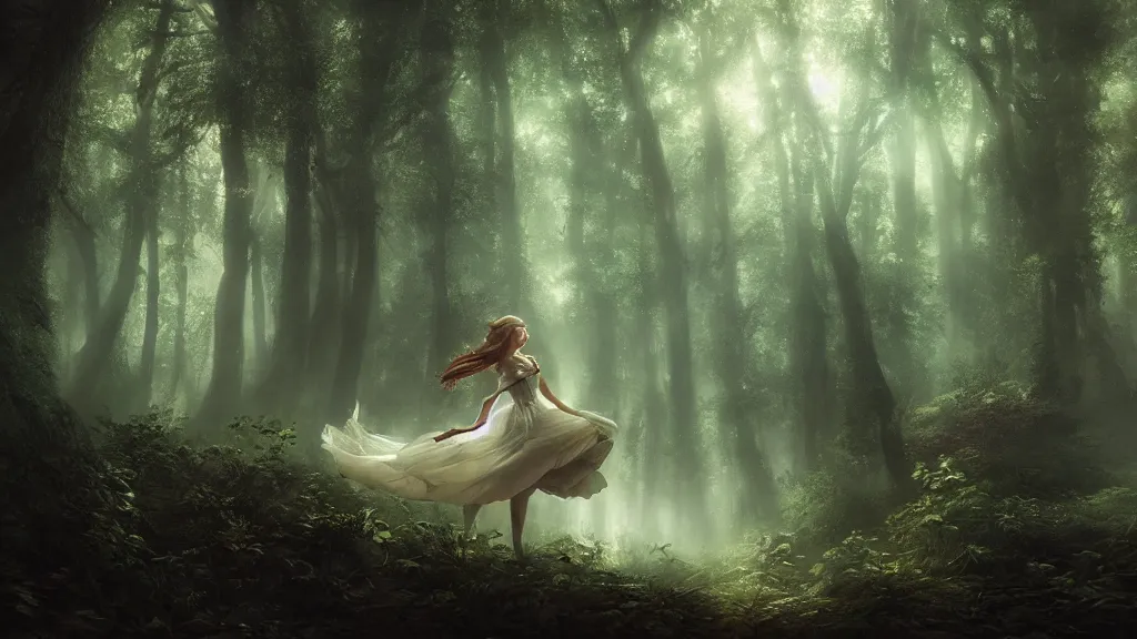 Image similar to elven princess dancing in the dark forest. andreas achenbach, artgerm, mikko lagerstedt, zack snyder, tokujin yoshioka