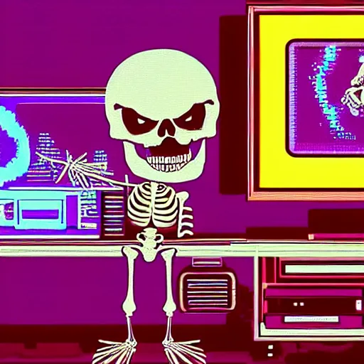 Image similar to a skeleton playing video games, it is visibly angry at the tv, detailed, outrun, synthwave, vaporwave, complimenting color scheme