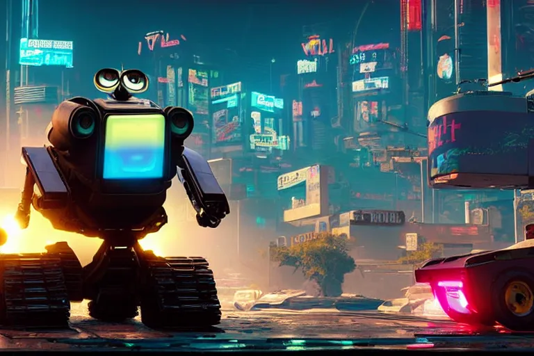 Image similar to wall - e in cyberpunk 2 0 7 7, heavy detailed, ultra high definition quality, super mario 6 4 game engine graphics