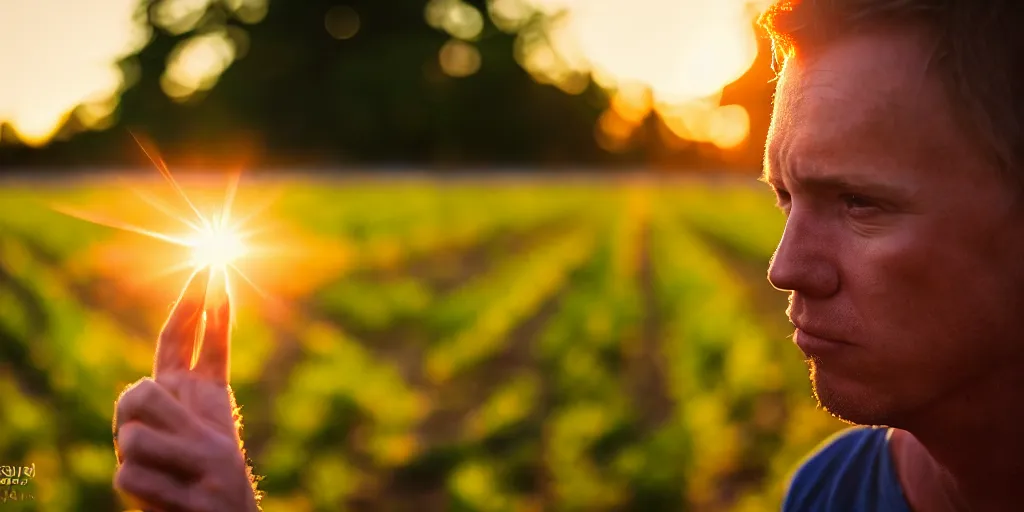 Prompt: the sunset's light beam, tom holand, action pose, outside in a farm, medium close up shot, depth of field, sharp focus, waist up, movie scene, anamorphic,