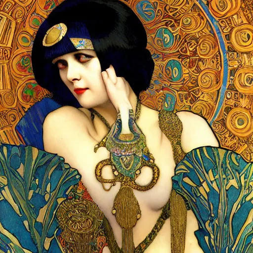 Image similar to louise brooks as cleopatra with coiled serpents beautiful detailed romantic art nouveau lithograph realistic portrait by alphonse mucha, yoshitaka amano, and gustav klimt, photorealism, hauntingly beautiful whirling clouds night sky spirals refined moody dreamscape, digital art