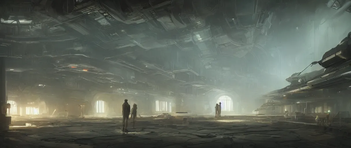 Image similar to abandoned high tech laboratory, matte painting, futuristic, sci fi, style of jordan grimmer, digital painting, trending on artstation, high detail, volumetric lighting, godrays