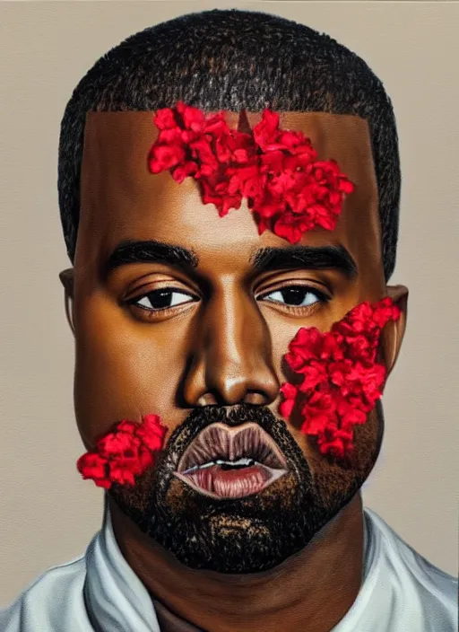 Image similar to hyperrealistic oil painting of Kanye West with red flowers in the background