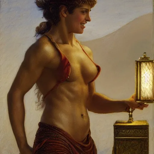 Image similar to a short young genie, with spikey short brown hair, brown skin, abs, a confident smile, emerging from her lamp and flexing her bicep, award winning painting by edward poynter