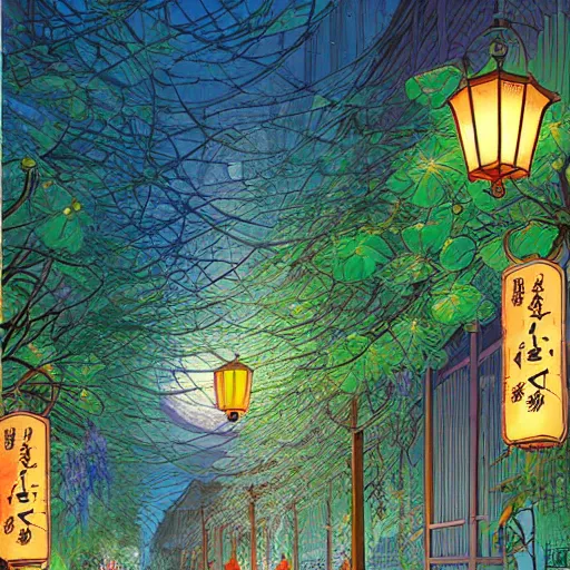 Prompt: japanese wisteria alley lanterns glow at night, vivid color, highly detailed, digital painting, artstation, concept art, matte, sharp focus, impressionnisme, art by james jean