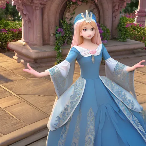 Image similar to a very detailed, ultra-realistic, pleasant, beautiful, funny, smooth 3D CG render, semirealistic anime style, close-up of a gorgeous, cute, gentle, noble priestess magician princess girl wearing dress and jewelry, in a glorious magic kingdom with castle and walls, relaxing calm vibes, fairytale, octane render