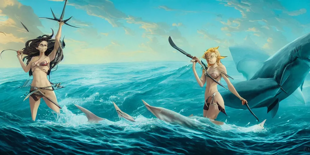 Image similar to close up of a extremely beautiful and aesthetic shark tooth and shark fin girl holding a symmetrical trident on the horizon, perfect face, symmetrical eyes, model pose, slightly smiling, sun set, big wave, big blade whale fighting against thorn sharks flying on the background, epic scene, fantasy illustrations, by peter mohrbacher and makoto shinkai and ferdinand knab