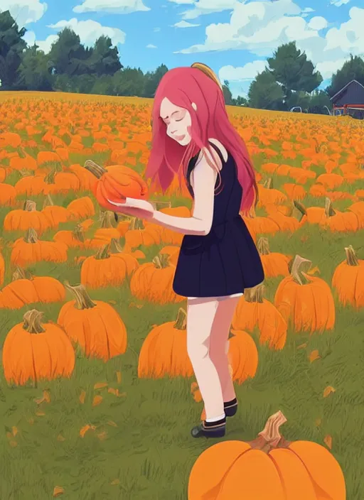 Image similar to little girl with long blonde hair visiting a pumpkin patch. clean cel shaded vector art. shutterstock. behance hd by lois van baarle, artgerm, helen huang, by makoto shinkai and ilya kuvshinov, rossdraws, illustration, art by ilya kuvshinov