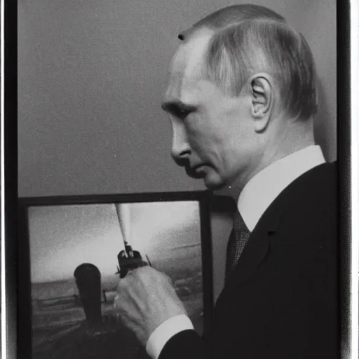 Image similar to Vladimir putin looking at an atomic bomb. polaroid. bleak.