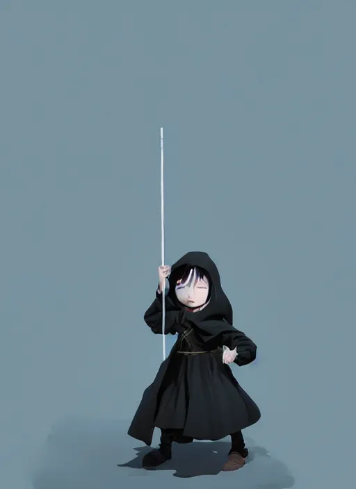 Prompt: kid wearing black cloak holding stick - 3 d vfx art - of the sun, art style by james jean & hsiao - ron cheng, character concept art, unreal engine render, digital illustration, sharp, intricate detail, volumetric light, ray tracing, soft light, symmetric, pinterest, artstation, behance,