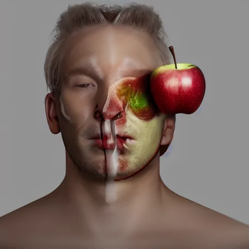 Prompt: a man's face is fused into an apple, artstation, cgsociety, 8 k