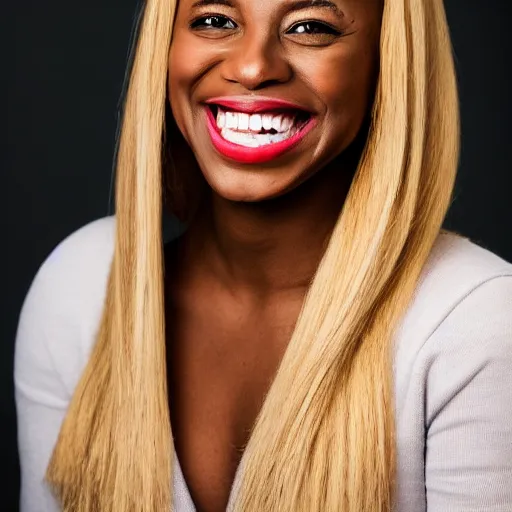 Image similar to portrait of a Black woman with blonde hair and smiling by Kevin Beilfuss.