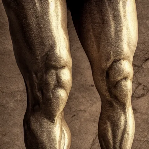 Image similar to stunning close up photograph of marble sculpture of strong masculine man's legs made of marble set on fine gold base, masculine texture background, 40mm lens, shallow depth of field, split lighting