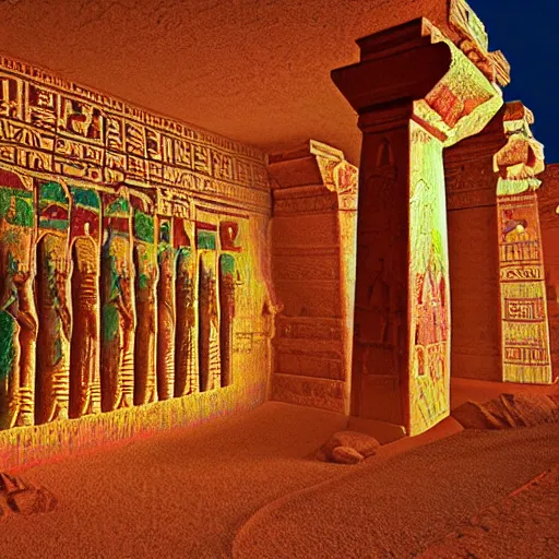 Prompt: lemuriab temple with carved hieroglyphs, mars landscape, martian lights and colors,