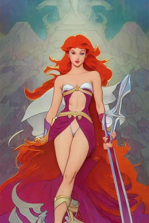 Image similar to Ariel as She-Ra in the Master of Universe, highly detailed, digital painting, artstation, concept art, smooth, sharp focus, illustration, ArtStation, art by artgerm and greg rutkowski and alphonse mucha and J. C. Leyendecker and Edmund Blair Leighton and Katsuhiro Otomo and Geof Darrow and Phil hale and Ashley wood and Ilya repin and Charlie Bowater