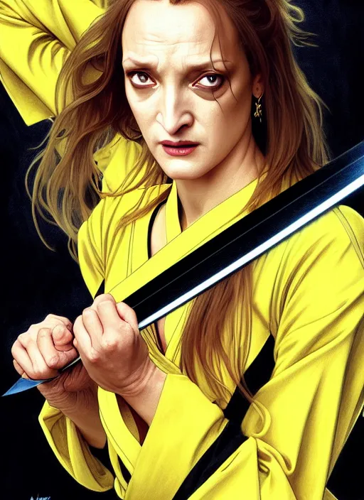 Image similar to uma thurman in kill bill, sword warrior, rococo and art nouveau fusion, swinging reflective katana, yellow jumpsuit with black stripe, highly detailed, deep focus, elegant, digital painting, smooth, sharp focus, illustration, ultra realistic, japanese art by artgerm and alphonse mucha