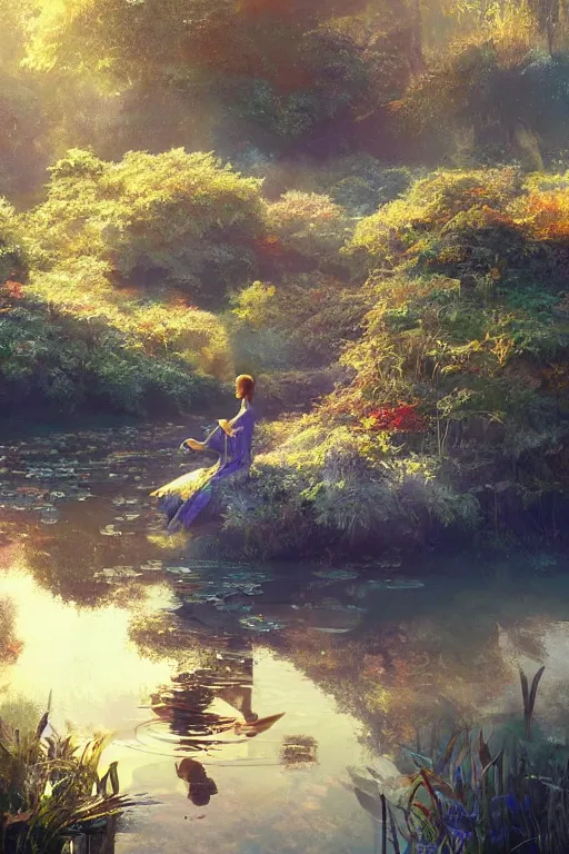 Image similar to nenufar in a pond, colorful, blue backgroung,clean, joyful, intricate, elegant, volumetric lighting, scenery, digital painting, highly detailed, artstation, sharp focus, illustration, concept art, ruan jia, steve mccurry