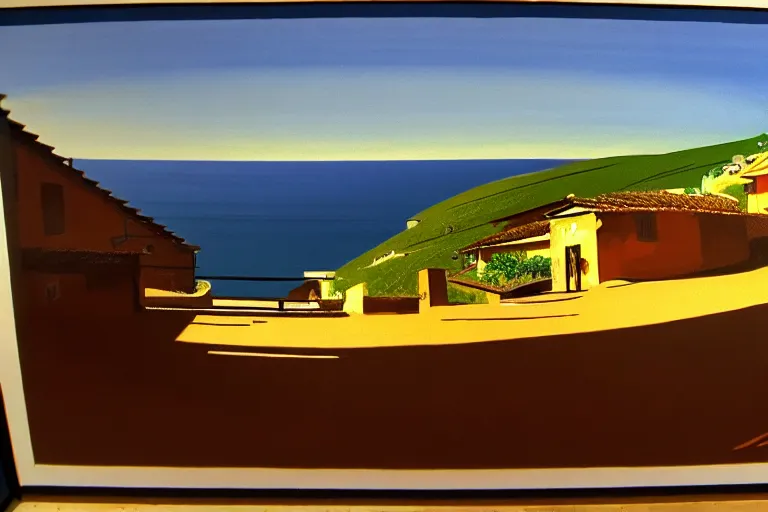 Image similar to a small village on top of a hill near the sea, painted by Syd Mead, Low key lighting, ultra detailed, 8k, fisheye