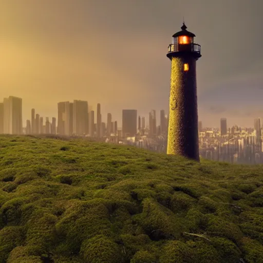 Image similar to photograph of a moss covered light house in the middle of a cyberpunk city on hills